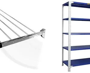 CONCEPT & SOLUTIONS 5 Pipes x 5 Feet -Foldable Wall Mounted Cloth Dryer/Clothes Stand (6 Pipes, 5 feet) and CRC Sheet 5 Shelf Multipurpose Slotted Angle Rack, 60 x 36 x 18 Inch, 24 Gauge (Grey) Combo Pack|CS-605