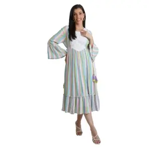 Zolo Label Dreamy Striped Pastels Cotton A-Line Midi Dress (S-Size) Multicolour