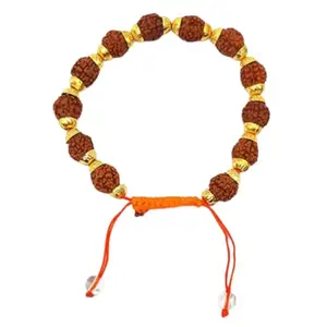 PRAYVERSE Rudraksha Bracelet | 5 Panchmukhi/Five Faced Natural Rudraksh Beads with Panch-Dhatu Golden Cap Covering | Unisex Both For Men & Women (Colour - Brown)
