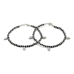 sanjog Oxidised German Silver Anklets Pair with Black Stones &Leaf Beads