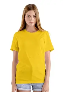 Women's Plain Cotton Biowash T-Shirt � Soft, Breathable, Slim Fit Casual Tee | Solid Color Basic Top (in, Alpha, XS, Regular, G. Yellow)