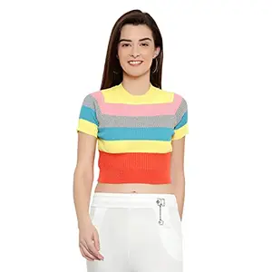 DIMPY GARMENTS Multicolor Rainbow Striped Stretchable Knitted Top for Women (Medium, Multi2)