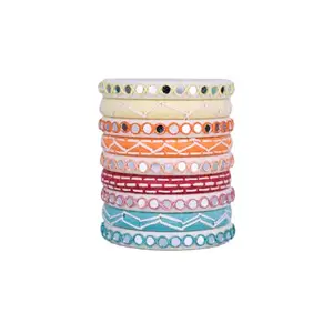 Taasha Craft Ishi pastel mirror work bangles, Handcrafted Cotton Thread Bangle Set for Women & Girls Size 2.8 Set of (9 Bangles)