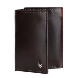 LOUIS STITCH Mens Spanish Leather Tri Fold Wallet with RFID Blocking | 3 Fold Wallet Purse with 5 Card Slots, 1 Cash Compartment and ID Window | Brown (LSWL-04-TFOPBB-100)