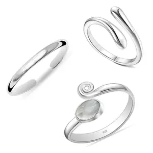 LeCalla 925 Sterling Silver Open Toe Rings Set for Women | BIS Hallmarked Set of 3 Pcs Plain Teardrop & Moonstone Cuff Band Open Toe Ring | Adjustable Toe Rings Summer Beach Foot Jewelry