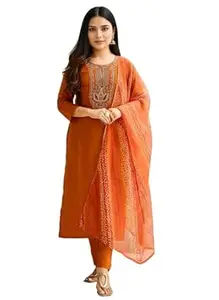 Amazon Brand - Tavasya Women's Soft Rayon Fabric Embroidered Straight Kurta Set with Pant and Dupatta | Kurti Set for Women