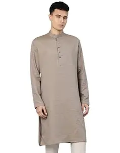 Majestic Man Men's Cotton Blend Textured Solid Mandarin Collar Classic Ethnic Long Kurta