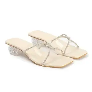 AUSTINE Women Stylish High Heels Sandals | Comfortable Block Heel Slip-On | Fashion Footwear for Women & Girls White