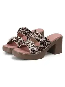 TRYME Stylish Slip on Leopard Printed Duble Buckle Strap Chunky Block Heel Sandals For Women And Girl