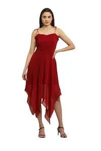 Women Sleeveless Chiffon Spaghetti Straps Short Dress Solid Knee Length Regular Fit Fashionable Mini Dress (M, RED)