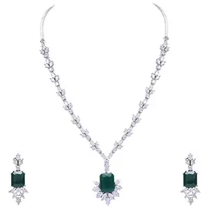 RATNAVALI JEWELS American Diamond Silver Plated Traditional Fashion Jewellery Green Necklace Set Pendant with Earring for Women/Girls RV3179G-W