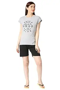 Zebu Women's Attractive Casual Extended Sleeve T-Shirt & Black Shorts for 100% Pure Cotton and Most Comfortable Summer Sleep Wear