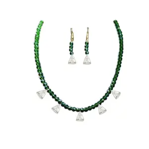Shircreations Crystal Gemstone Beaded 6mm Beads 9 Inch Long Chain Necklace With Silver Bail Hanging and earrings, For Women Fashion Jewellery (Green)