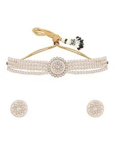 Priyaasi Floral Floral Geometric Combo Kundan Pearl Eleagnce Choker Stud Earrings Jewellery Set