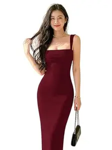 Aahwan Solid Bodycon Square Neck Long Party Dress for Women's & Girl's