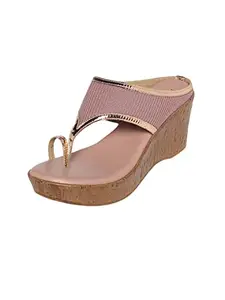 MONROW Nadia Microfiber Wedge Heels for Women, Pink, UK-6 | Fancy & Stylish Heel sandals, Casual, Comfortable Fashion Heel Sandal
