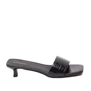 shoexpress Womens Reptile Textured Slide Sandals with Kitten Heels, Black, 3.5