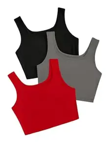 Toochki Women's Knitted Sleeveless Solid Sqaure Neck Ribbed Tank & Crop Tops (Pack of 3)