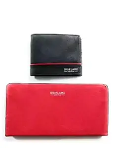 SSONNA IIMPERIAL Black & Red Genuine Leather Wallet Set for Men & Women (15 Card Slots, Pack of 2)