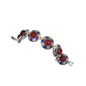 AMONROO Floral Pink Stone CZ Multicolor enamel Round Design Royal 925 Sterling Silver Bracelet Stylish Gift for Girlfriend, Wife, Daughter