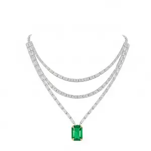 Paaru Green Americon daimond jewellery set Multi-Strand Necklace with Gemstone Pendant Silver Tone (Green) For Parties & Special Occasions