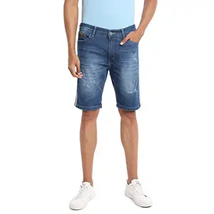 Campus Sutra Men's Blue Distressed Denim Shorts for Casual Wear | Medium-Wash | Button Closure | Regular Fit | Stretchable Cotton Mid-Rise Denim Jeans Crafted with Comfort Fit for Everyday Wear