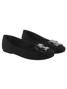 Shoetopia Round Toe Buckle Detailed Black Bellies for Women & Girls-EU36