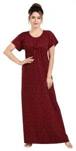 Women's Cotton Printed Nighty, Maroon Floral Pattern, Short Sleeve Maxi Length Sleepwear
