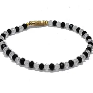 Black Obsidiane Clear Crystal 4mm Round Shape Faceted Cut Gemstone Beads 7 Inch Silver Plated Bracelet