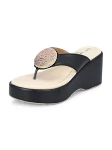 EL PASO Black Synthetic Leather Wedge Heel Sandals Casual Daily Party Platform Slippers for Women and Girls - 4 UK