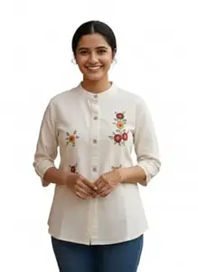 Hitarth Fashion Women Off-White Floral Embroidered Mandarin Collar 3/4 Sleeve Khadi Shirt