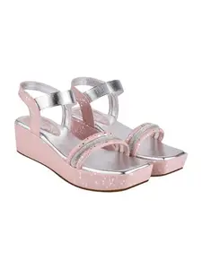 Shoetopia Rhinestone Detailed Pink Shiny Platform Heeled Sandals For Women & Girls /UK8