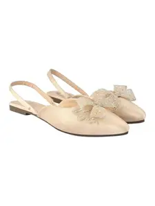 Shoetopia Embellished Rhinestone Bow Detailed Cream Flats For Women & Girls /EU36
