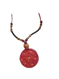 Pink Beaded Necklace, Handmade Terracotta Pendant Design for Women