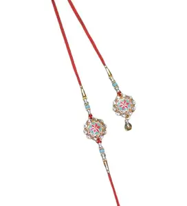 Be artistic studio Rushant RED AND PISTA GREEN FLOWER PAIR RAKHI Elegant Floral Kundan Designer with different colour meenakari, colourful crystal in lumba - With Roli Chawal & Pooja Thali - 60069