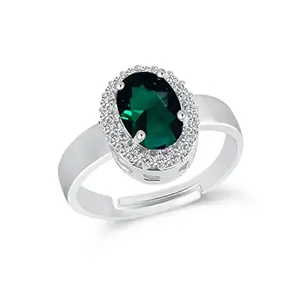 VSHINE FASHION JEWELLERY VSHINE Adjustable Ladies Ring Green Coloured Zirconia American Diamond Silver Plated Rings for Women, Girls, Girlfriend & Wife-VSFR1355G