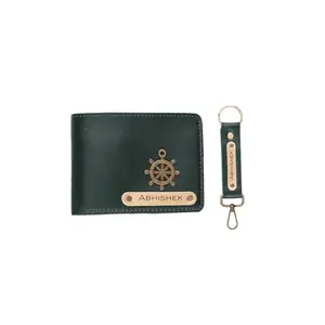The Unique Gift Studio Customized Wallet and Keychain Combo for Men - Personalized Wallet Keychain Set with Name Printed - Leather Name Wallet Keychain for Men - Customised Gifts for Men with Name & Charm - Green