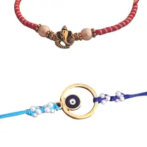 Ideaz unlimited Designer Evil Eye & Traditional Ganesha Rakhi | Beaded & Red Thread with Gold Charm for Rakshabandhan | Pack of 2 Rakhi with Roli Chawal