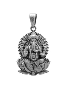 Exotic India 925 Sterling Silver Chaturbhuja Lord Ganesha Seated on Lotus Pendant Deity Elegant Spiritual Unisex Jewelry