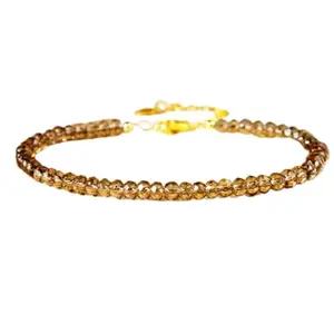 RRJEWELZ Smoky Quartz Round Beaded Bracelet – Faceted 3mm Grey Stones with Gold Lock – 7 Inch Adjustable link Bracelet for Men & Women|LCBR_RR_06185