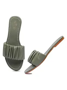 brauch Stylish Olive Trendy Pleated Flats Sandal For Girls Women