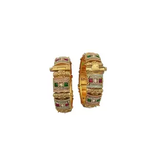 MEHAK CURATORS Rajwadi Traditional Gold Plated Meenakari Ad Stone Ruby Pearl Bangles Kada Kangan for Women and Girls set of 2 (2.4)