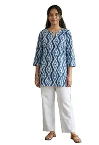 JIVAS COLLECTIVES Women’s Pure Katha Cotton & Cotton Floral Print Kurti | Short Tunic Top for Women | Round V-Neck 3/4 Sleeve Ethnic Kurti for Daily & Casual Wear