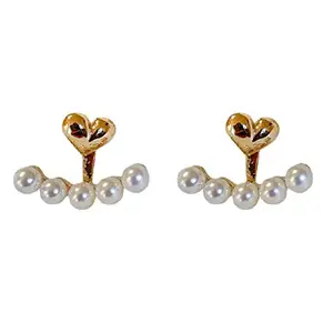 OOMPH Jewellery Gold Tone White Pearls Small Heart Ear Jacket Fashion Ear Stud Earrings For Women & Girls Stylish Latest (EYJ142_AOR1)