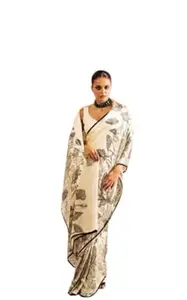 Oriiflow Elegant Cream Floral Printed Saree with Black Border – Traditional Ethnic Wear for Women, Soft Flowing Fabric Designer Saree for Wedding, Festive, Party & Cultural Occasions