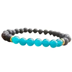 RRJEWELZ Natural Blue Jade & Lava Rock Round Shape Smooth Cut 8mm Beads 7.5 inch Stretchable Bracelet for Healing, Meditation, Prosperity, Good Luck | STBR_02115