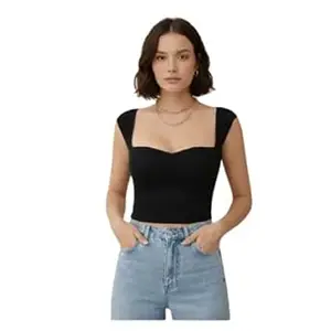 TIVANTE Solid Ribbed Sweetheart Neck Western Stylish Crop Top for Women