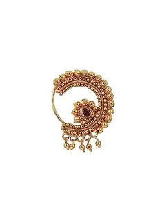 ANURADHA PLUS® Golden Antique Finish Designer Marathi Wedding Nath For Women | Pressing Maharashtrian Nath Nose Ring | Banu Styled Nathiya | Traditional Nose Clip (Golden Nath08)