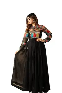 vivaraa fashion Women's Black Ethnic Motifs Embroidered Georgette Maxi Dress - Black | V159_Black_XS_New