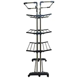 BRANCO Strong & Heavy Two Pole 3 Layer Stainless Steel Foldable and Movable King Jumbo Cloth Dryer Stand Floor and Balcony with Six Caster Wheel (Grey)